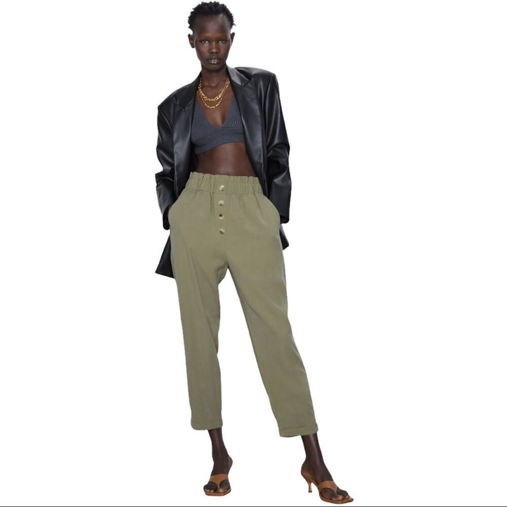 Zara Paperbag Waist Green Viscose High Rise Waisted Trousers Pants Size Medium